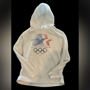 Men size small. White Olympic Hoodie with USA Flag Design